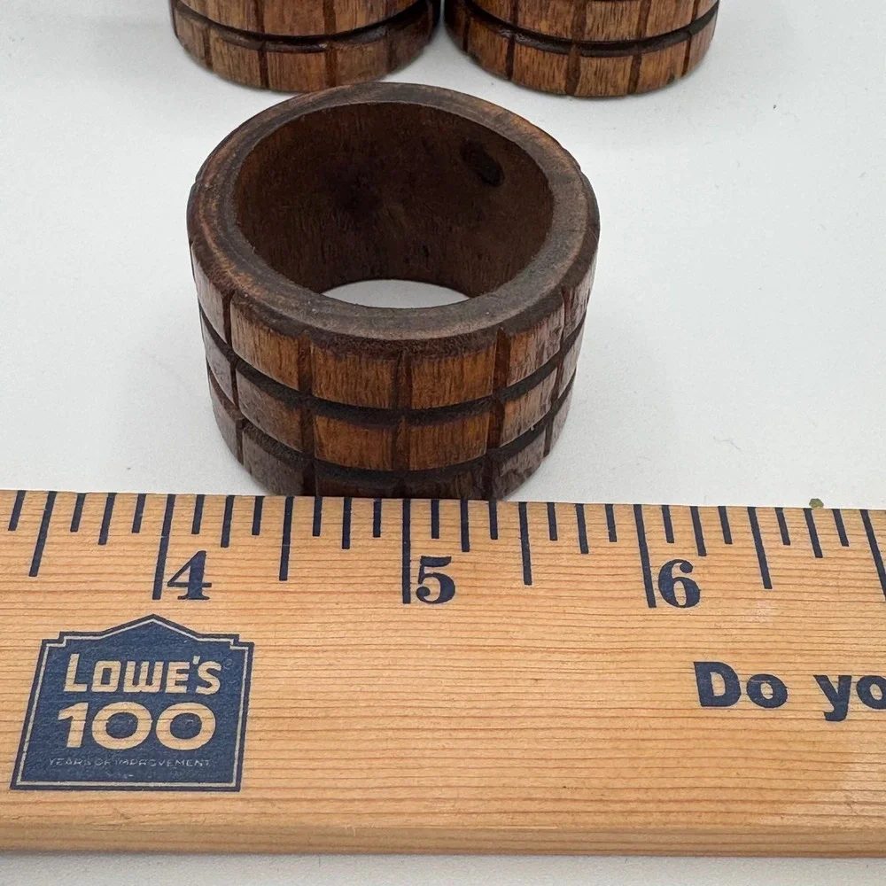Vintage Dark Wood Napkin Rings Set of 8 Carved Grid Pattern Brown Rustic Decor